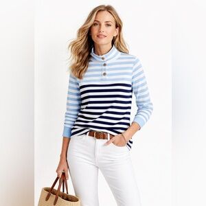 J.Crew Factory Blue & White Striped Mock Neck Button Henley Pullover Size M